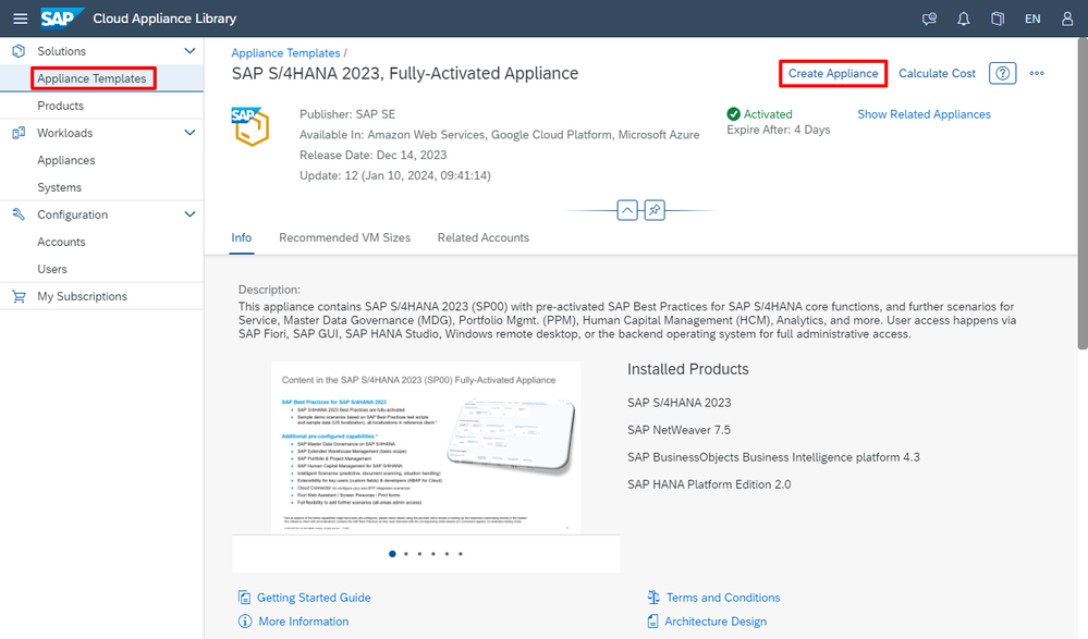 CAL template "SAP S/4HANA 2023", with MDG, cloud-ready, and CDQ connectivity