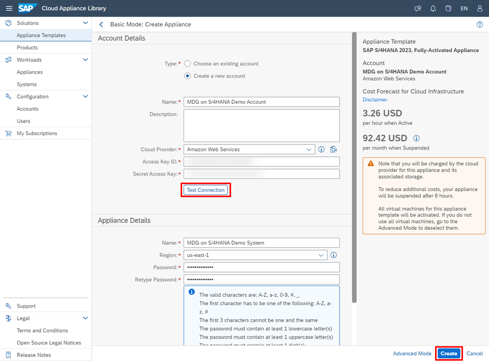 Configure a new CAL account on AWS with its appliance details