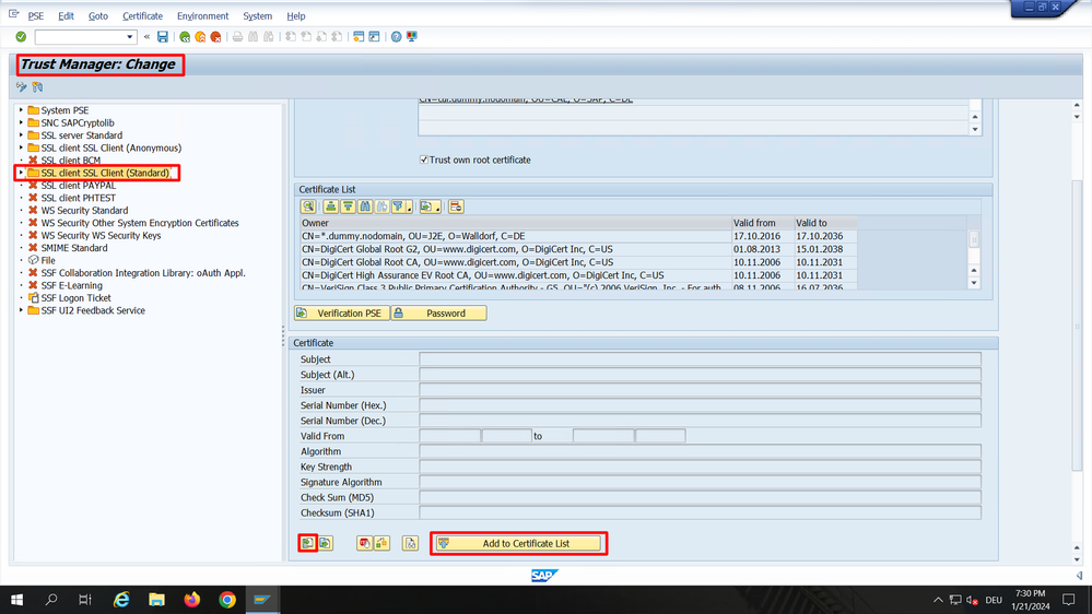 Managing trusted certificates in SAP GUI (STRUST transaction)