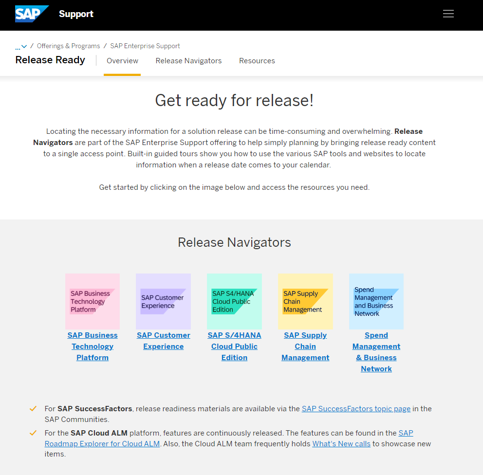 The new Release Ready web page on the SAP Support portal