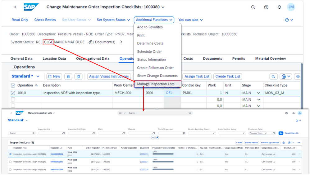 Figure 13: 'Change Maintenance Order' webdypro app with navigation to 'Manage Inspection Lots' SAP Fiori app