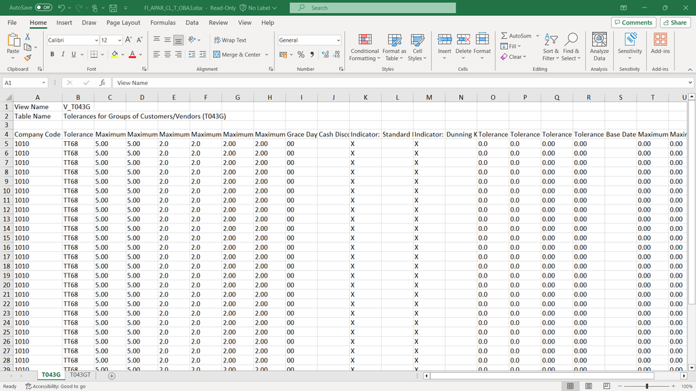 Screenshot of an exemplary spreadsheet containing business configuration adaptations